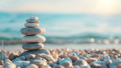 Stones stacking on pebble shore representing tranquility equilibrium and unity with blurred background