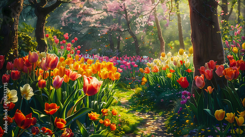  The vibrant hues of tulips and daffodils dancing in the sunlight, the melodious trill of songbirds in the trees, and the soft, velvety petals of spring blossoms. photo