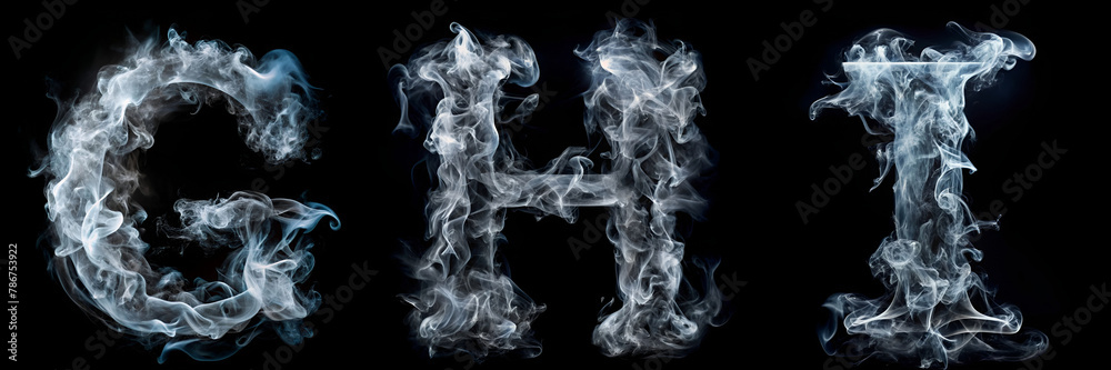 Fototapeta premium Letters G, H, I. White Smoke Alphabet on Black Background