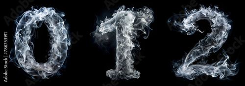 Numbers 0, 1, 2. White Smoke Alphabet on Black Background