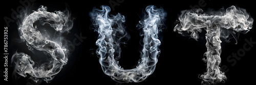 Letters S, T, U. White Smoke Alphabet on Black Background