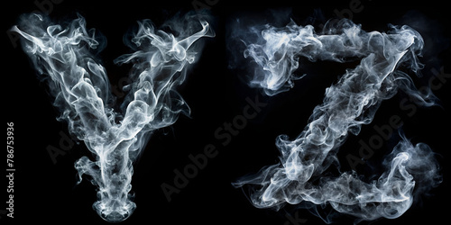 Letters Y, Z. White Smoke Alphabet on Black Background