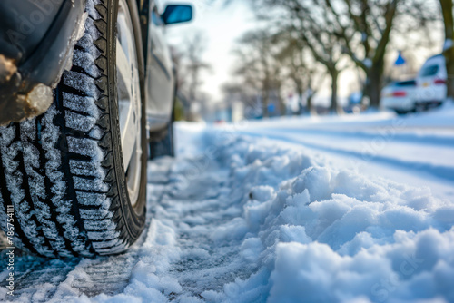 Car on snow road. Closeup of winter tires on snowy highway road © MVProductions