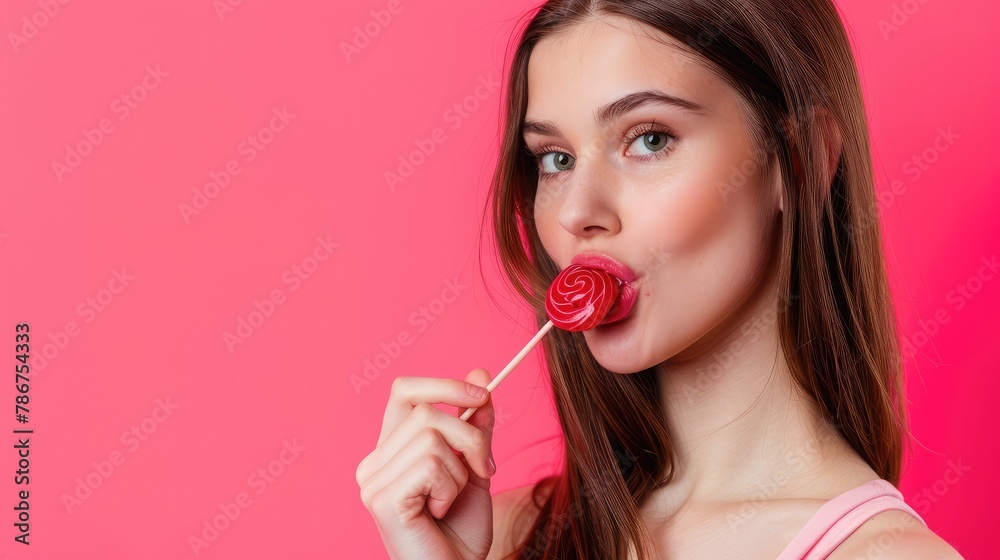 Portrait of lovely sweet cute charming beautiful cheerful hungry adorable gorgeous woman with straight brown hair trying to bite red lollipop on stick, isolated on bright pink background Portrait of lovely sweet cute charming beautiful cheerful hungry adorable gorgeous woman with straight brown hair trying to bite red lollipop on stick, isolated on bright pink background
