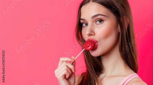 Portrait of lovely sweet cute charming beautiful cheerful hungry adorable gorgeous woman with straight brown hair trying to bite red lollipop on stick, isolated on bright pink background