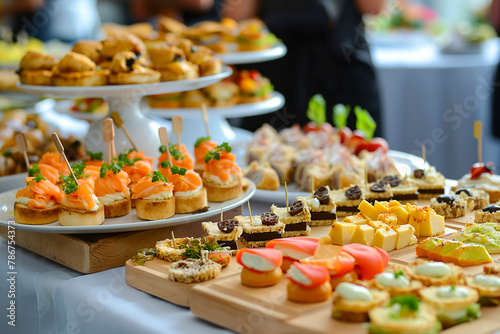 Catering in the office. Table with canapes and various snacks served on the background of a business meeting.