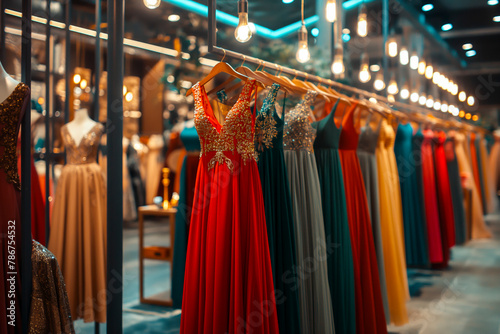 Collection of elegant evening dresses hanging on rack in luxury modern shop boutique. Dress rental for various occasions and events. Ball gown hire © MVProductions