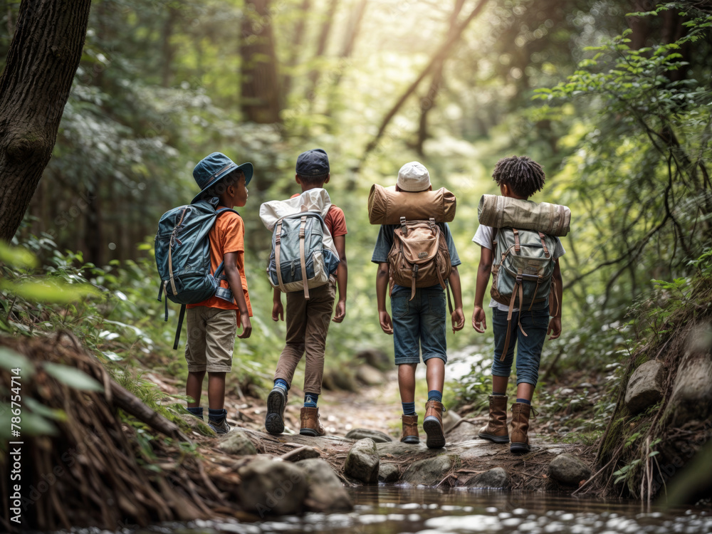 Group of children with backpacks walking by the river in the forest