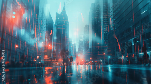 Financial graphs and digital indicators overlap with modernistic urban area, skyscrabber for stock market business concept. Double exposure. photo