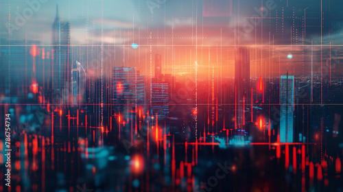 Financial graphs and digital indicators overlap with modernistic urban area, skyscrabber for stock market business concept. Double exposure.