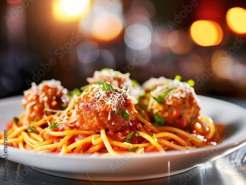 Spaghetti and Meatballs Tomato Sauce Pasta Plate Food Dinner Background Image 
