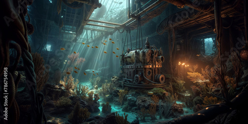 Underwater world. Fantasy fantasy landscape with an old ship