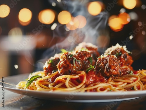 Spaghetti and Meatballs Tomato Sauce Pasta Plate Food Dinner Background Image 