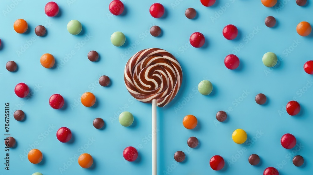 Sweet lollipop and colorful chocolate candy pills on blue background. Sweet lollipop and colorful chocolate candy pills on blue background.