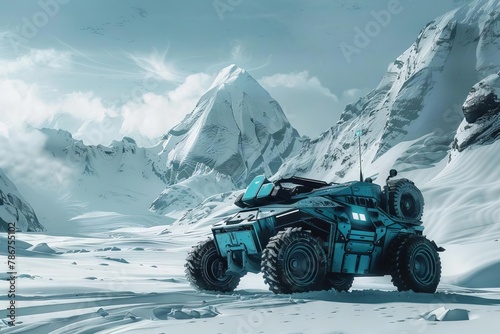 futuristic blue glacial rover exploring snowy mountains aigenerated scifi landscape digital art