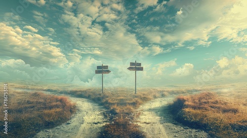 Surreal landscape with a split road and signpost arrows showing two different courses left and right direction to choose Road splits in distinct direction ways Difficult decision choice concept photo