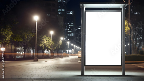 Go to Page |123Next vertical small city billboard advertising city format. mockup at night with white field billboard in a city with a business center glowing advertising box