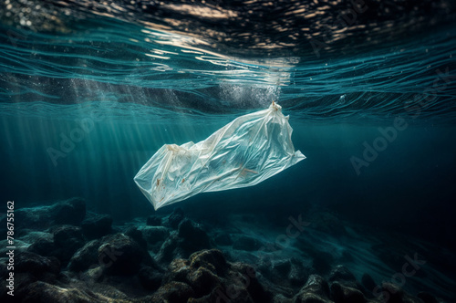 Plastic bag floating on the surface of the ocean, underwater view