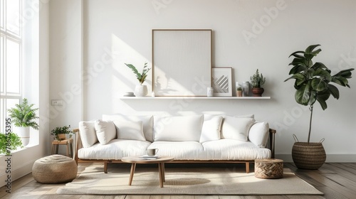 White living room interior with sofa and armchair, shelf with art decoration, carpet on hardwood floor. Panoramic window on tropics. Mockup copy space wall