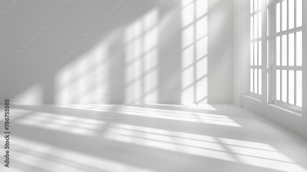 Abstract white studio background for product presentation Empty room with shadows of window Display product with blurred backdrop Abstract white studio background for product presentation Empty room with shadows of window Display product with blurred backdrop