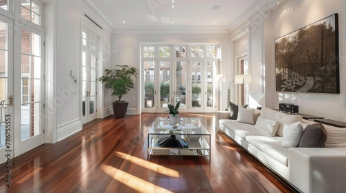 a living room with wood flooring and white walls  including a glass coffee table on the right hand side