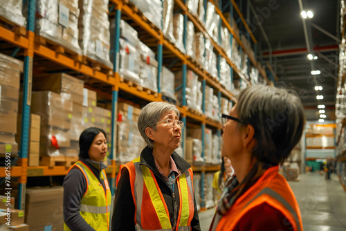 Diverse warehouse workers team in high-visibility vests