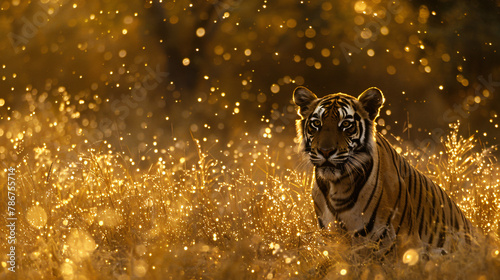 Tiger walk during the golden light time.