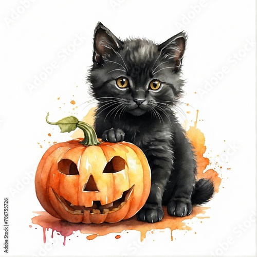 Watercolor Halloween black kitten with jack-o'lantern  © OneWithNature