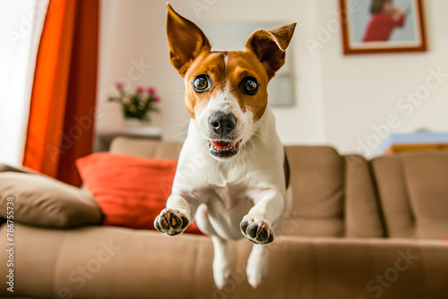 Domestic pet play time. Crazy funny active dog running jumping in living room