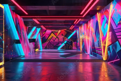 futuristic interior with vibrant geometric graffiti walls and neon lighting urban design digital art