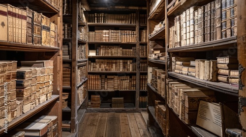 A quiet study filled with ancient religious texts, the shelves lined with manuscripts that hold centuries of theological knowledge and wisdom. photo