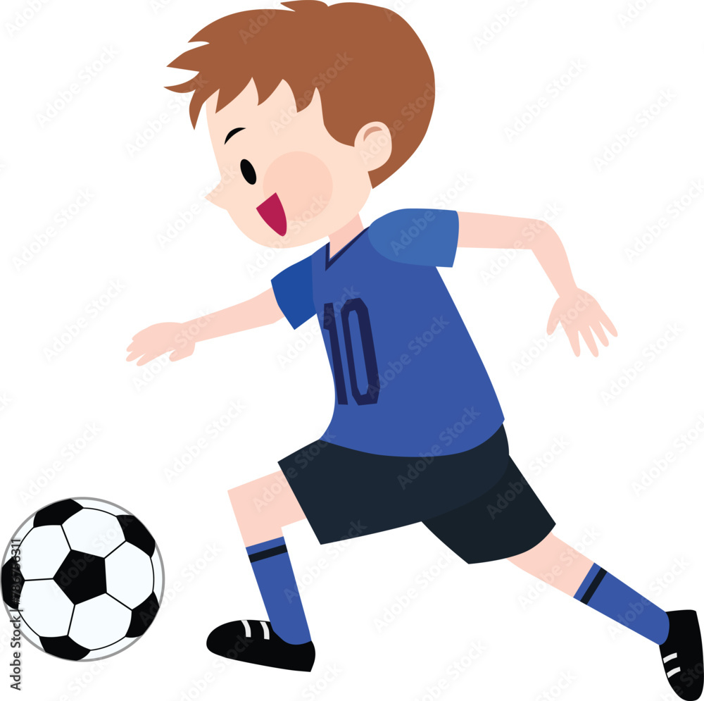Illustration of a boy wearing blue jerseys kicking a soccer ball. Vector Illustration.