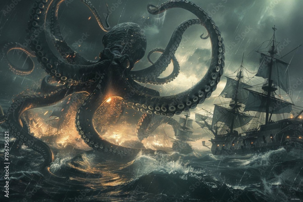 giant octopus attacking pirate ships in stormy sea digital fantasy illustration