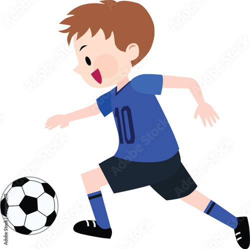 Illustration of a boy wearing blue jerseys kicking a soccer ball. Vector Illustration.