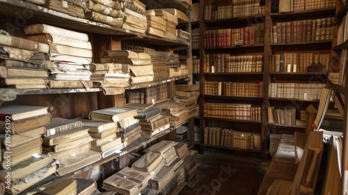 A quiet study filled with ancient religious texts, the shelves lined with manuscripts that hold centuries of theological knowledge and wisdom. photo
