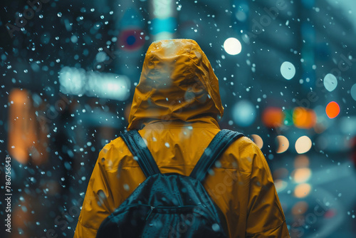 man walking through rain in yellow jacket
