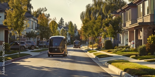 A quiet suburban street where electric, self-driving shuttles provide on-demand door-to-door service, their routes dynamically updated to optimize convenience and efficiency.