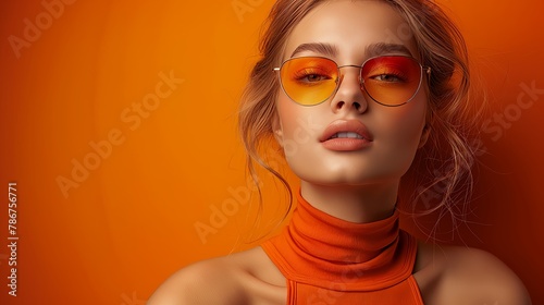 This image features a fashionable woman with blonde hair wearing orange sunglasses and a matching turtleneck