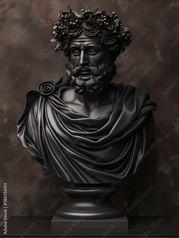 This artistic representation shows a detailed classical statue bust adorned with a floral crown and textured drapes, set against a sepia background