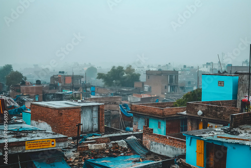 Income inequality, a view of a slum with dilapidated shanty houses. Poor people concept © MVProductions