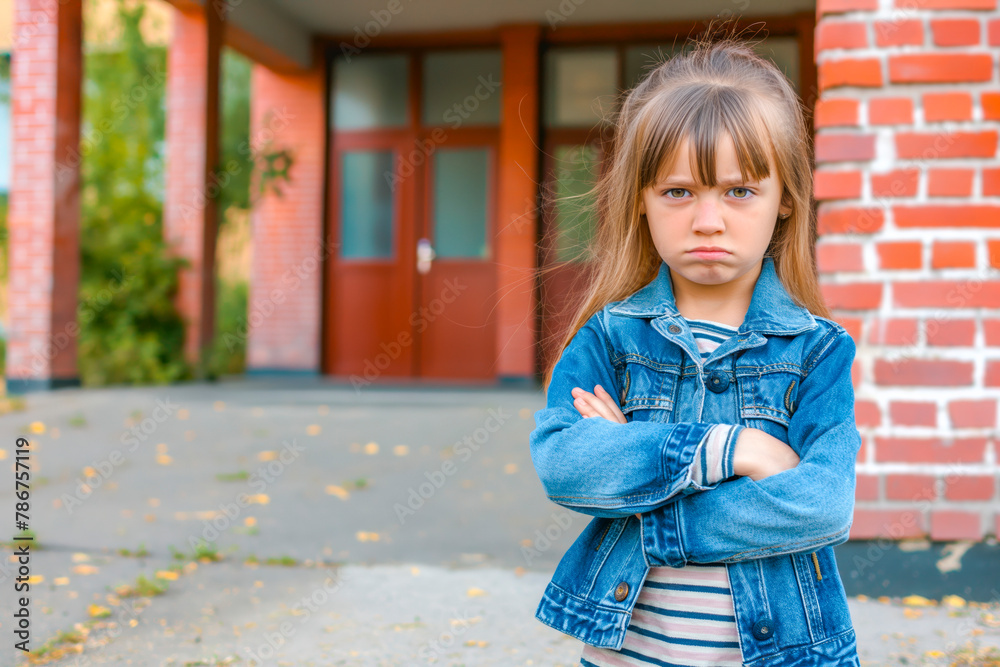 Little grumpy girl standing with her arms crossed in front of school in street. Angry tired child has problem in school. Emotions, stress, bullying and learning difficulties Little grumpy girl standing with her arms crossed in front of school in street. Angry tired child has problem in school. Emotions, stress, bullying and learning difficulties