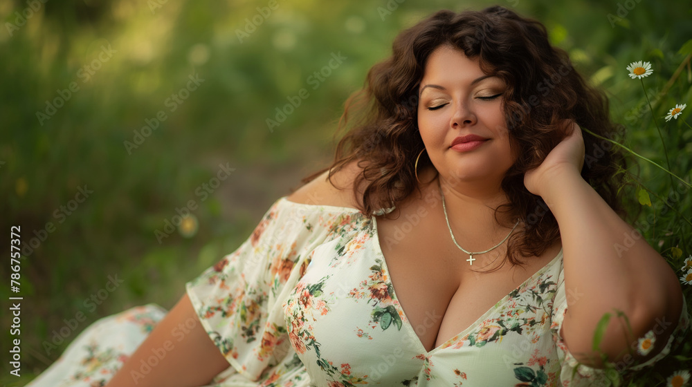 obese plus size fashion lady modelling in nature outdoors