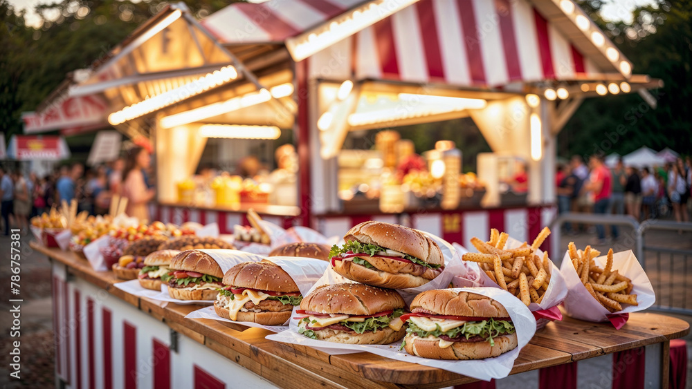 Evening Food Festival: Delicious Burgers and Fries in a Cozy Fair Environment.