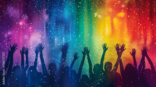 Silhouette of raised hands in celebration on Rainbow Background © VisionCraft