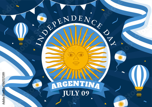 Happy Argentina Independence Day Vector Illustration on 9Th of july with Waving Flag and Ribbon in Flat Cartoon Celebration Background Design