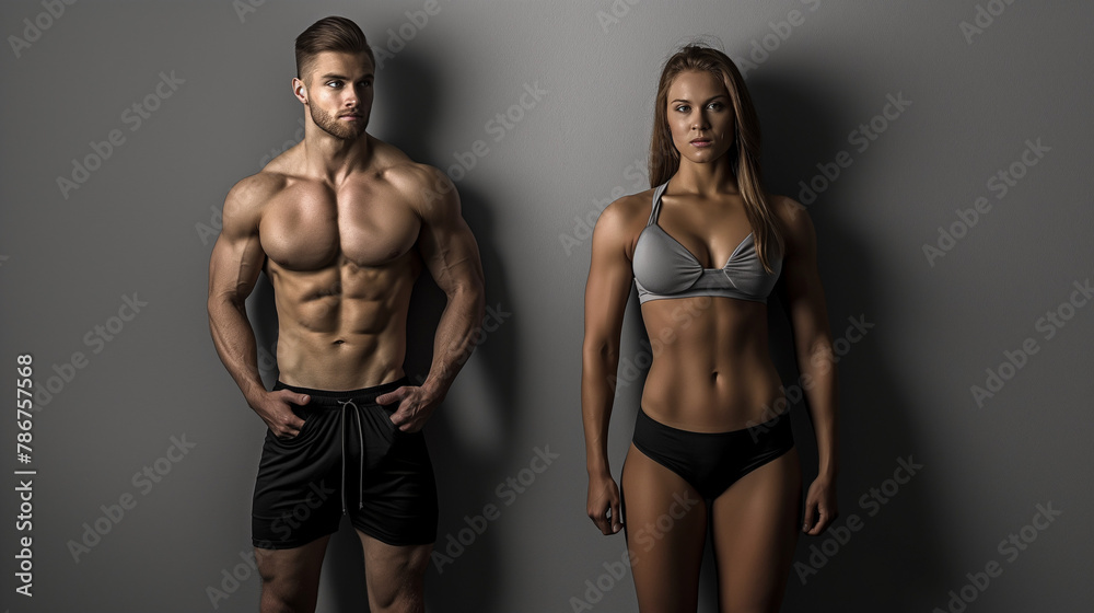 muscular couple, male and female body builder super models posing on solid background with copy space