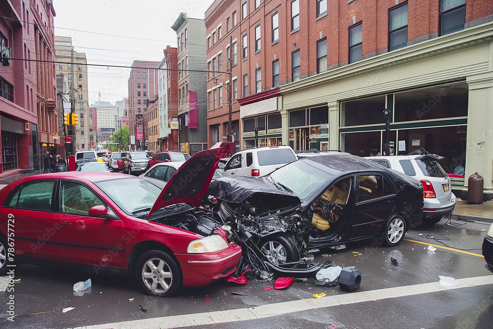 A severe car accident involving multiple vehicles on a city street, with visible damage and debris scattered around, Urban Multi-Vehicle Collision