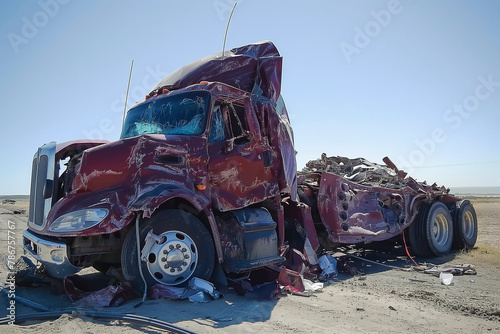Severely damaged truck on a deserted road under clear blue sky, aftermath of a severe truck crash