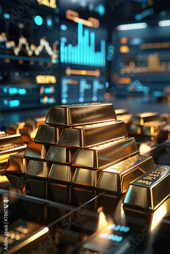 Financial Forecast Gold Bar Stacks Ascend Against Futuristic Data Display