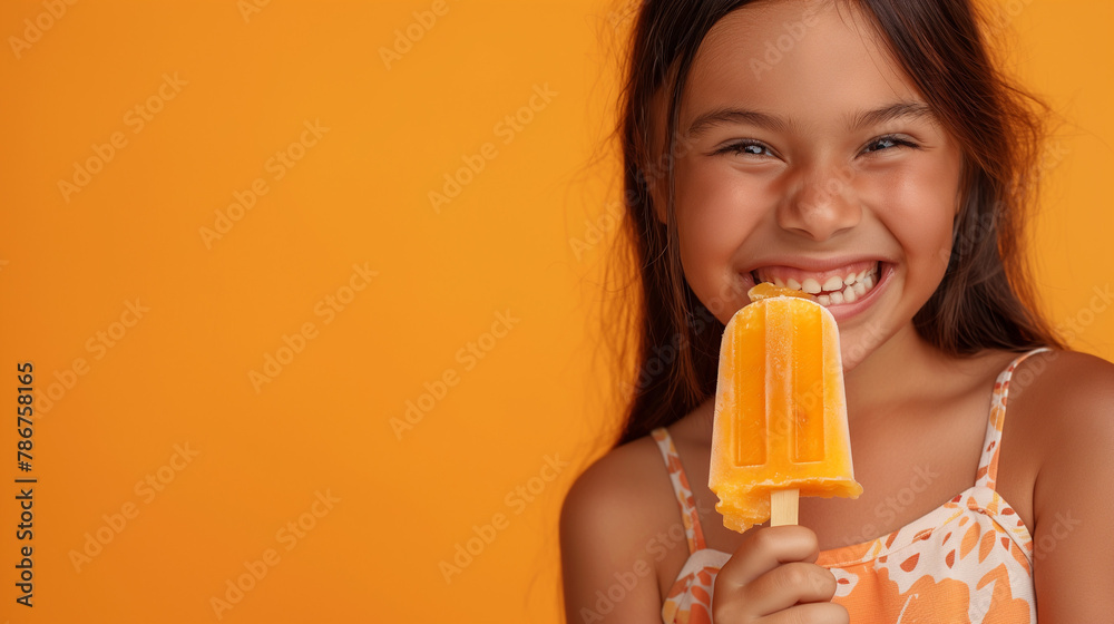 happy latin girl eating orange pop stick ice cream, summer wallpaper with copy space